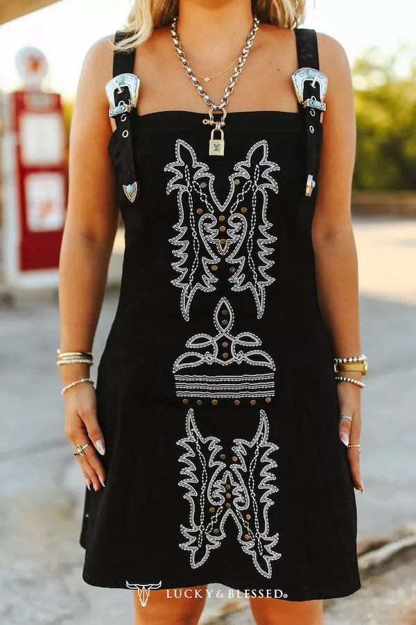Black Buckle Strap Embroidered Western Dress