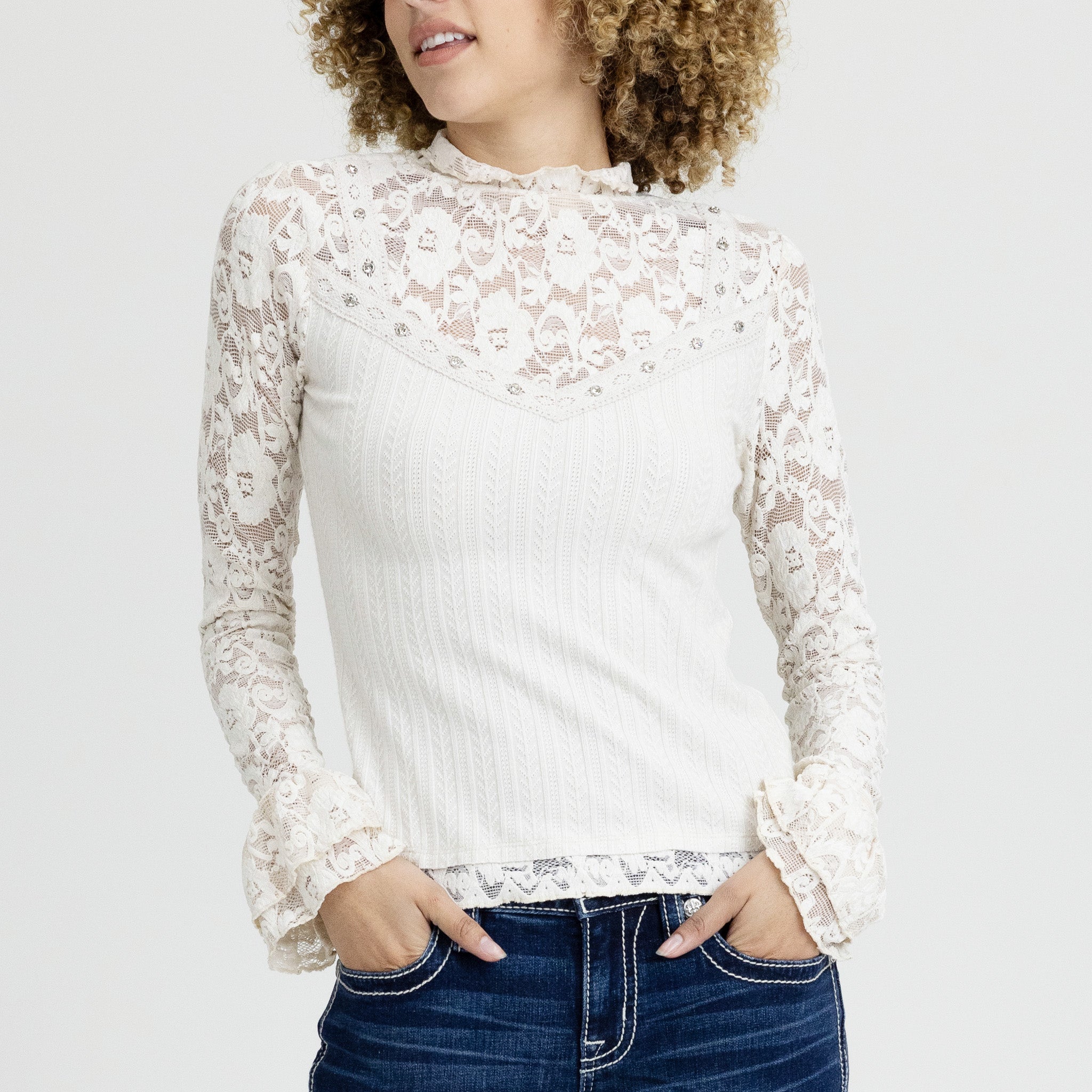 Studded Lace Mock Neck Top
