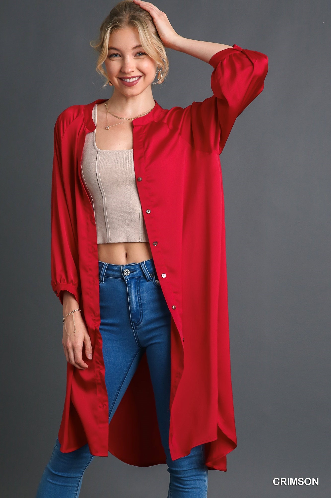 Crimson Red Satin Button Down Midi Dress