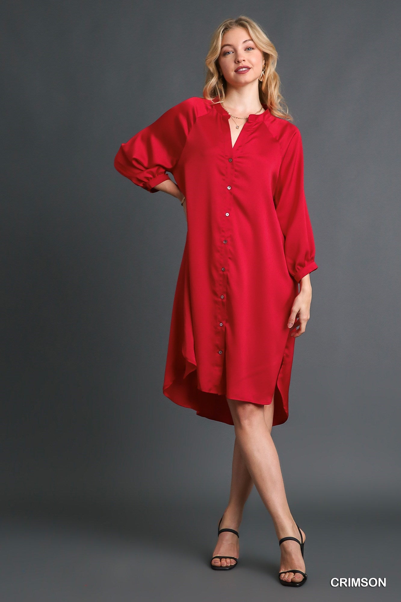 Crimson Red Satin Button Down Midi Dress