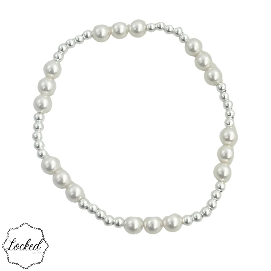 Classic 3mm Sterling Silver and 5mm Glass Pearl Beaded Pattern Bracelet