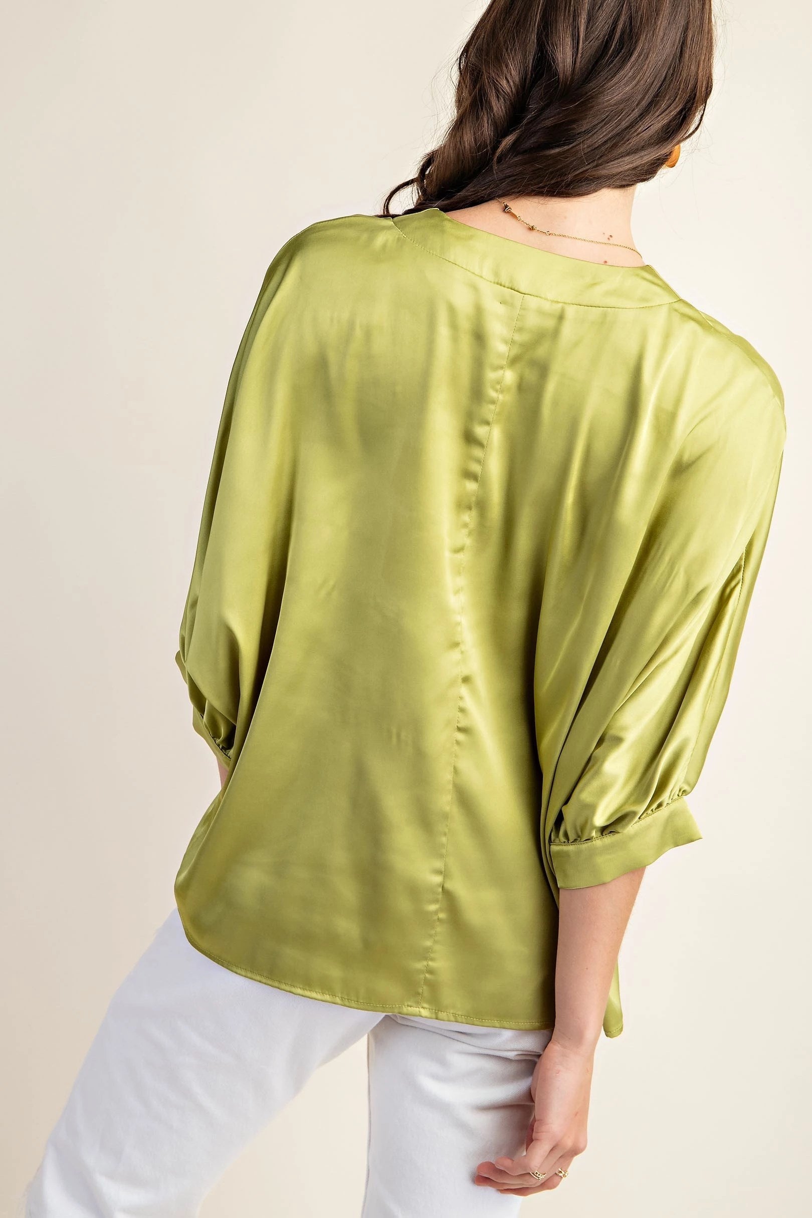 Apple Green Satin V-Neck Loose Fit Blouse