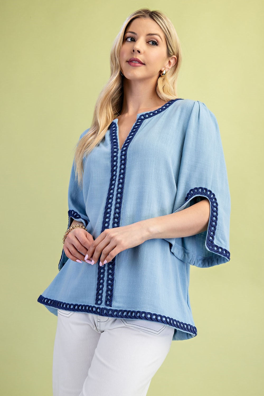 Light Blue Linen Blend Embroidered Tunic