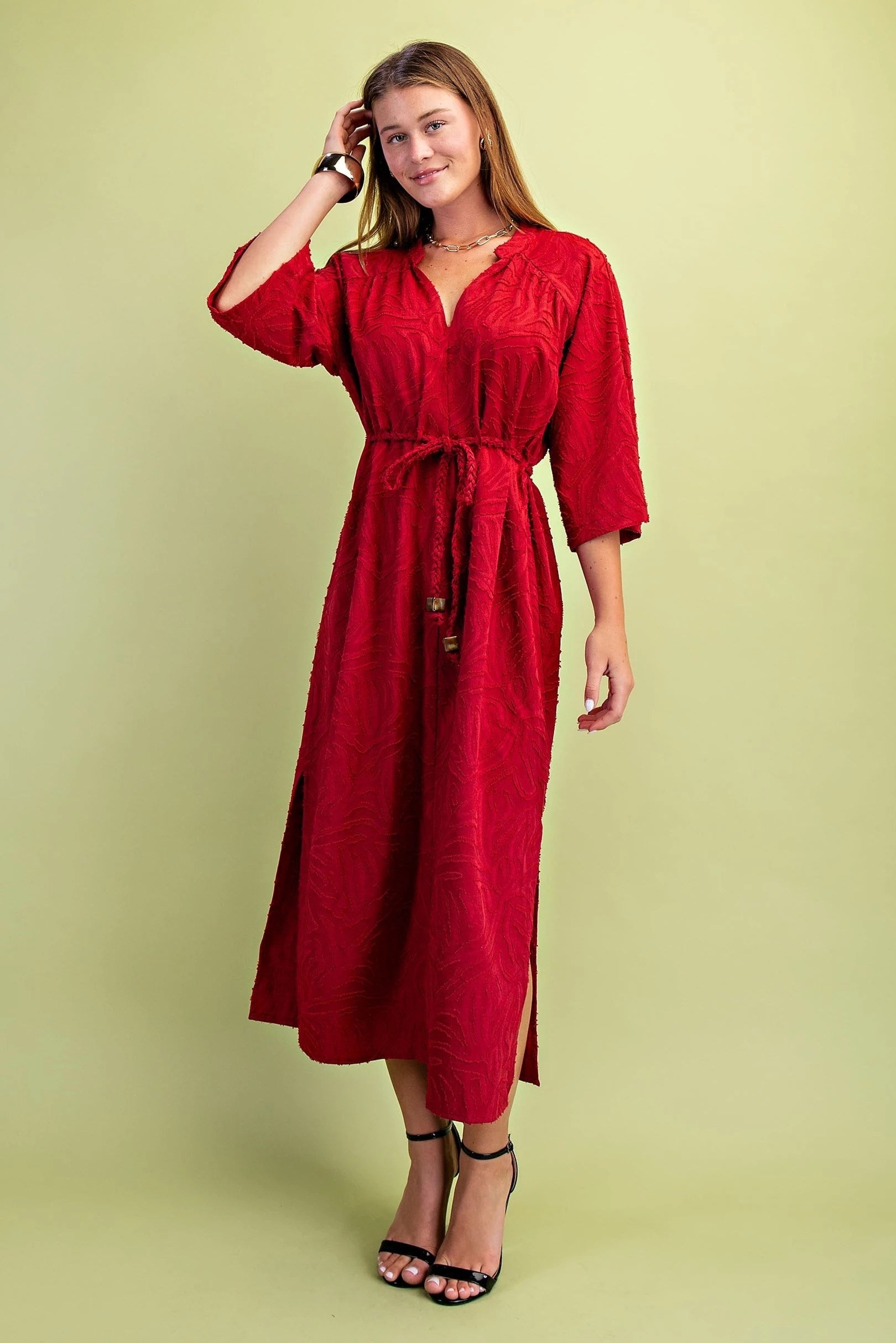 Red Textured Midi Dress