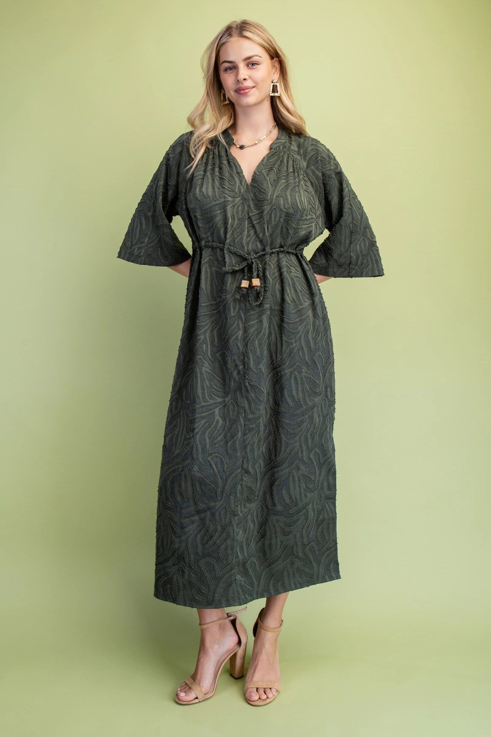 Olive Green Textured Midi Dress