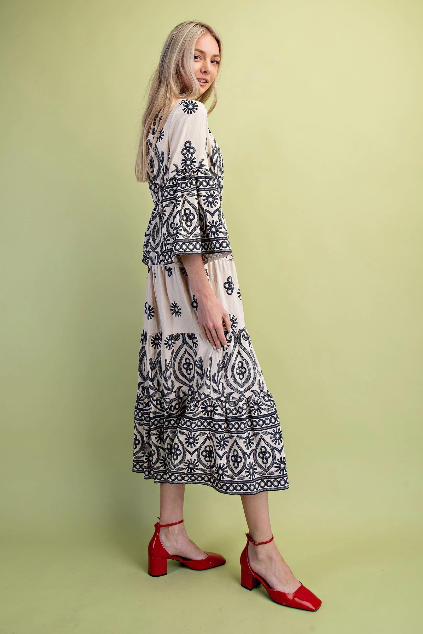 Cream w/ Black Textured Print Tiered Maxi Dress