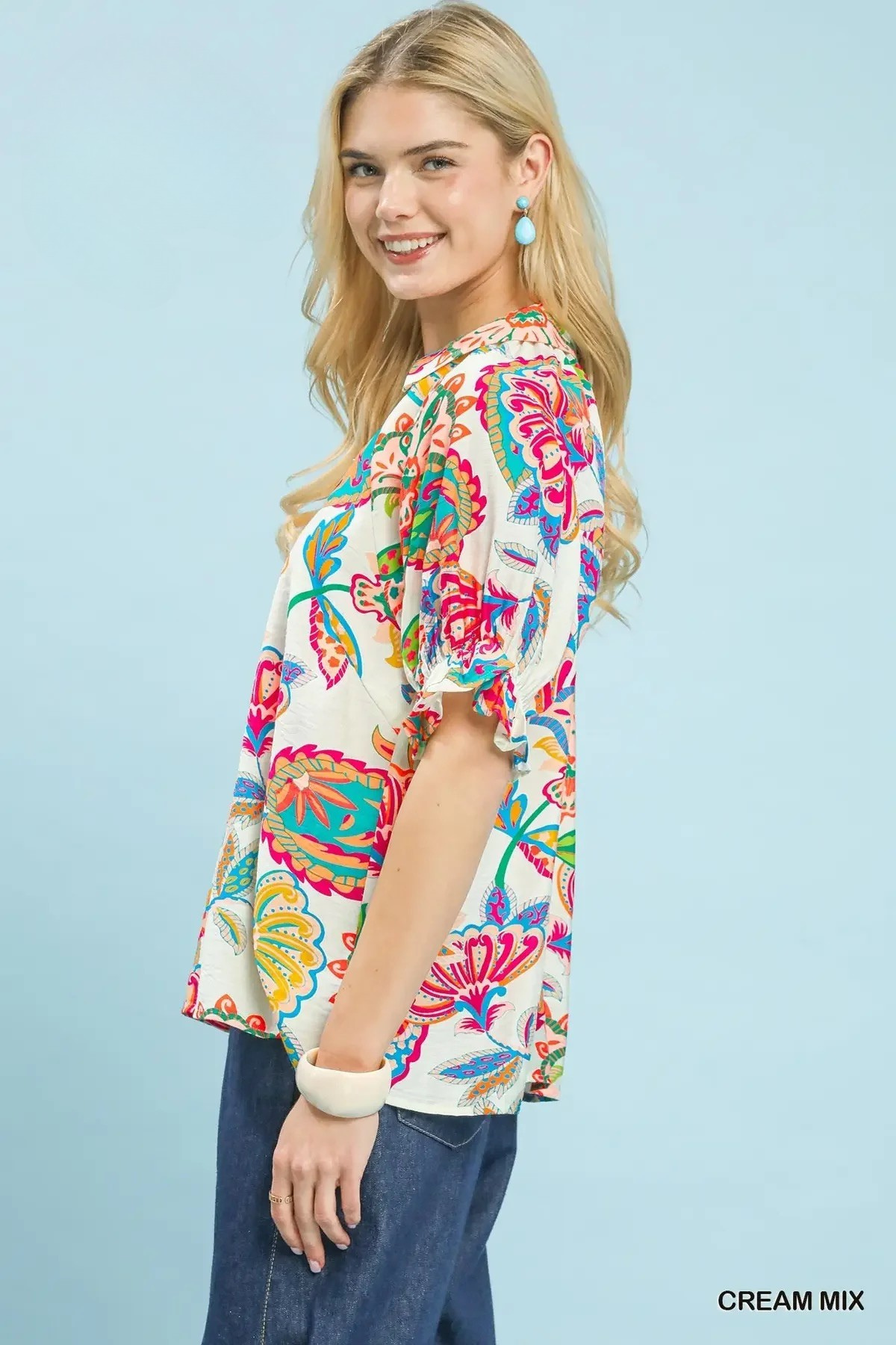 Cream Mix Paisley V-Neck Top