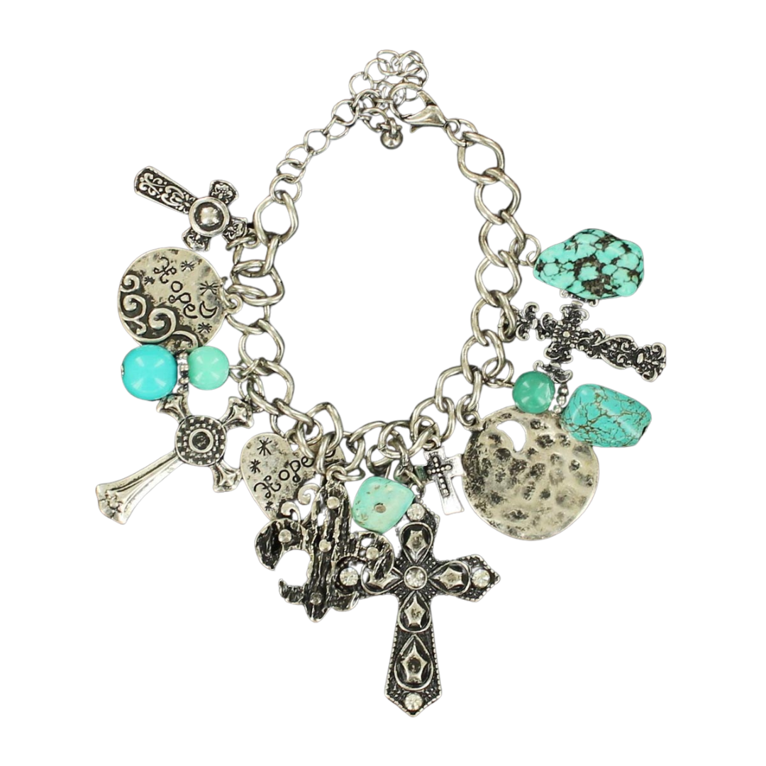 Blazin Roxx® Silver Cross & Turquoise Bead Charm Bracelet