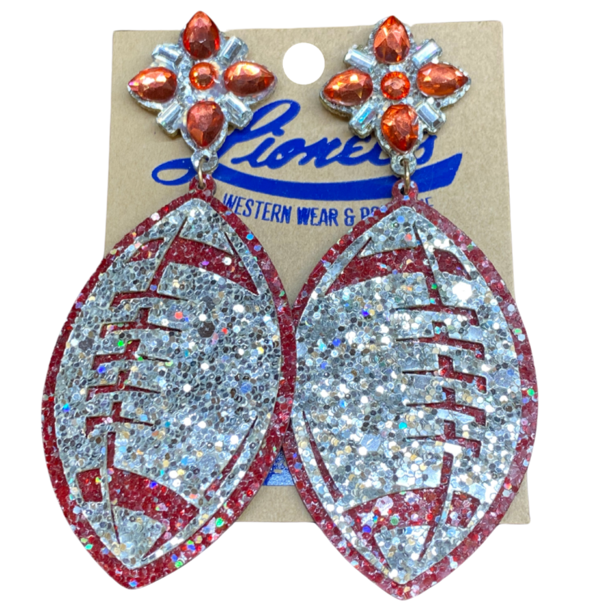 Silver Glitter & Maroon Football Earrings