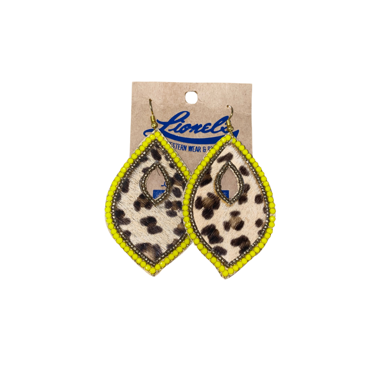 Leopard Teardrop Earrings w/ Yellow beaded outline