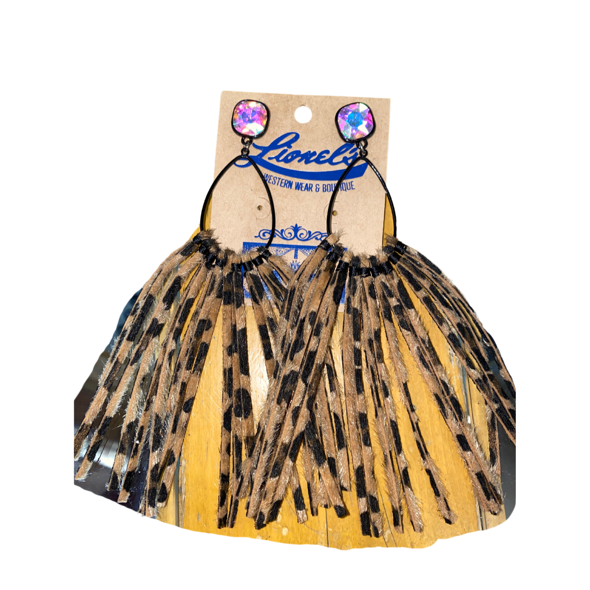 Blk Teardrop Earrings w/AB Crystal & Leo. Tassels