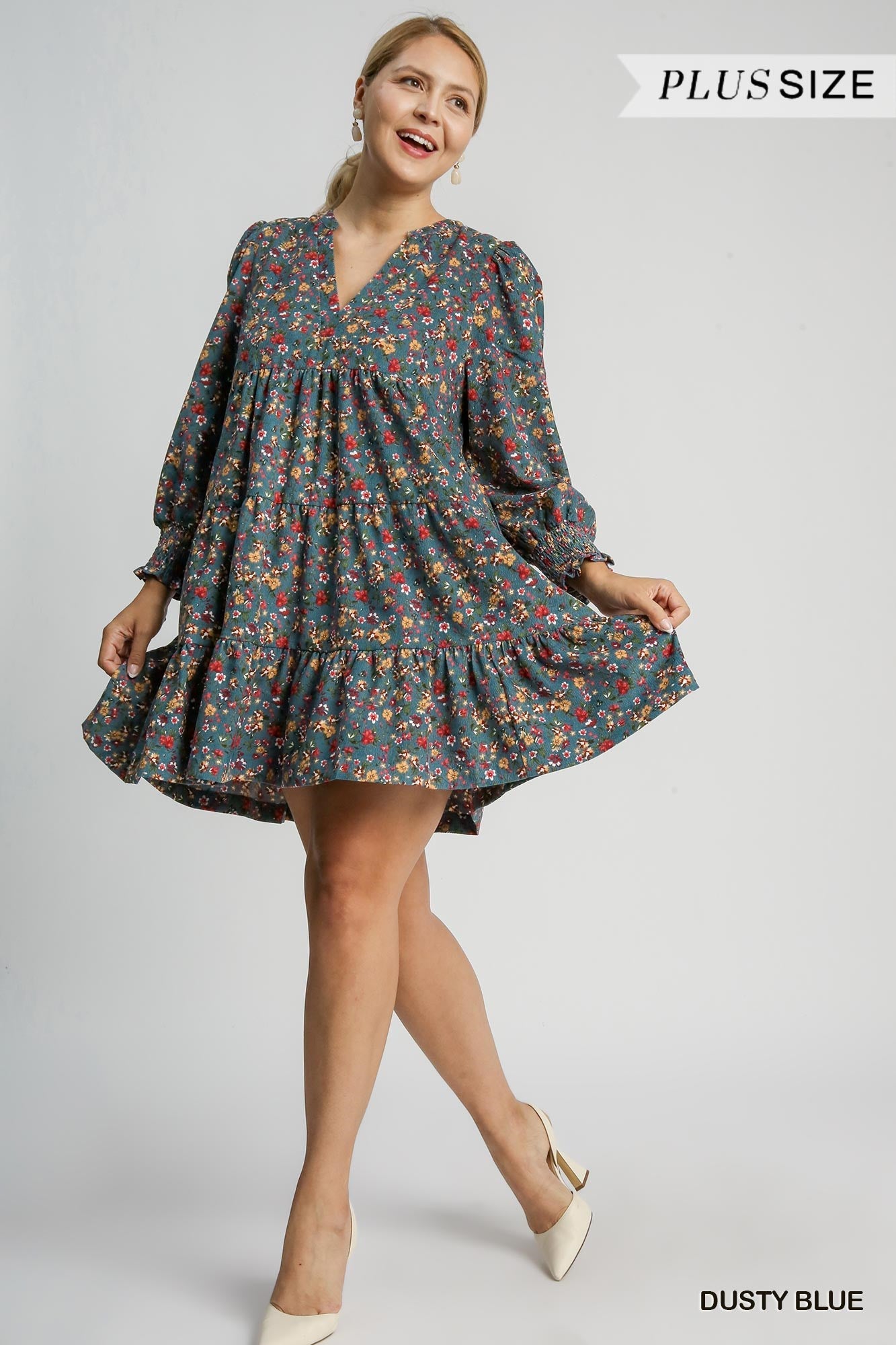 Dusty Blue w/ All Over Floral Corduroy Dress