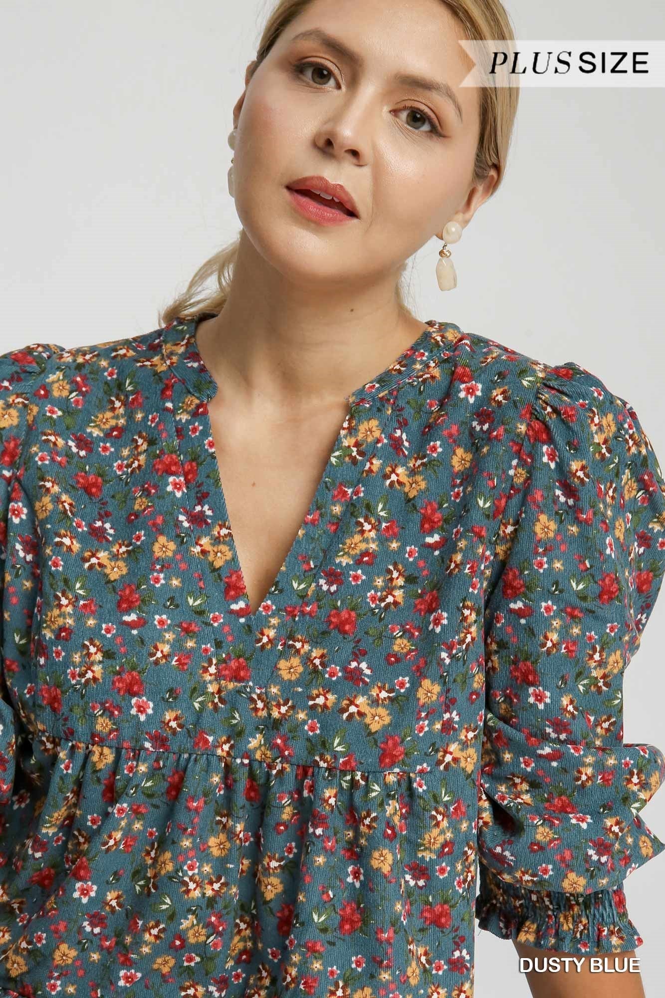 Dusty Blue w/ All Over Floral Corduroy Dress