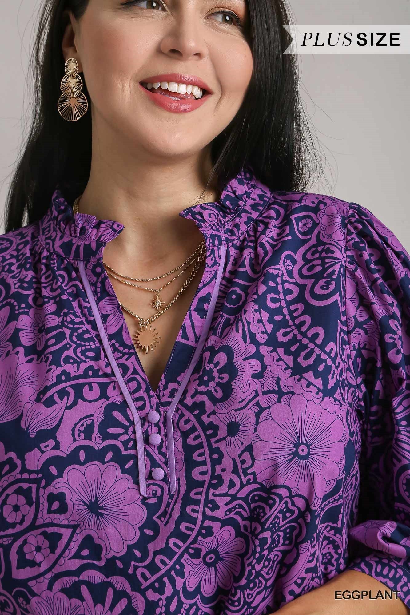 Purple Paisley Notched Ruffle Top