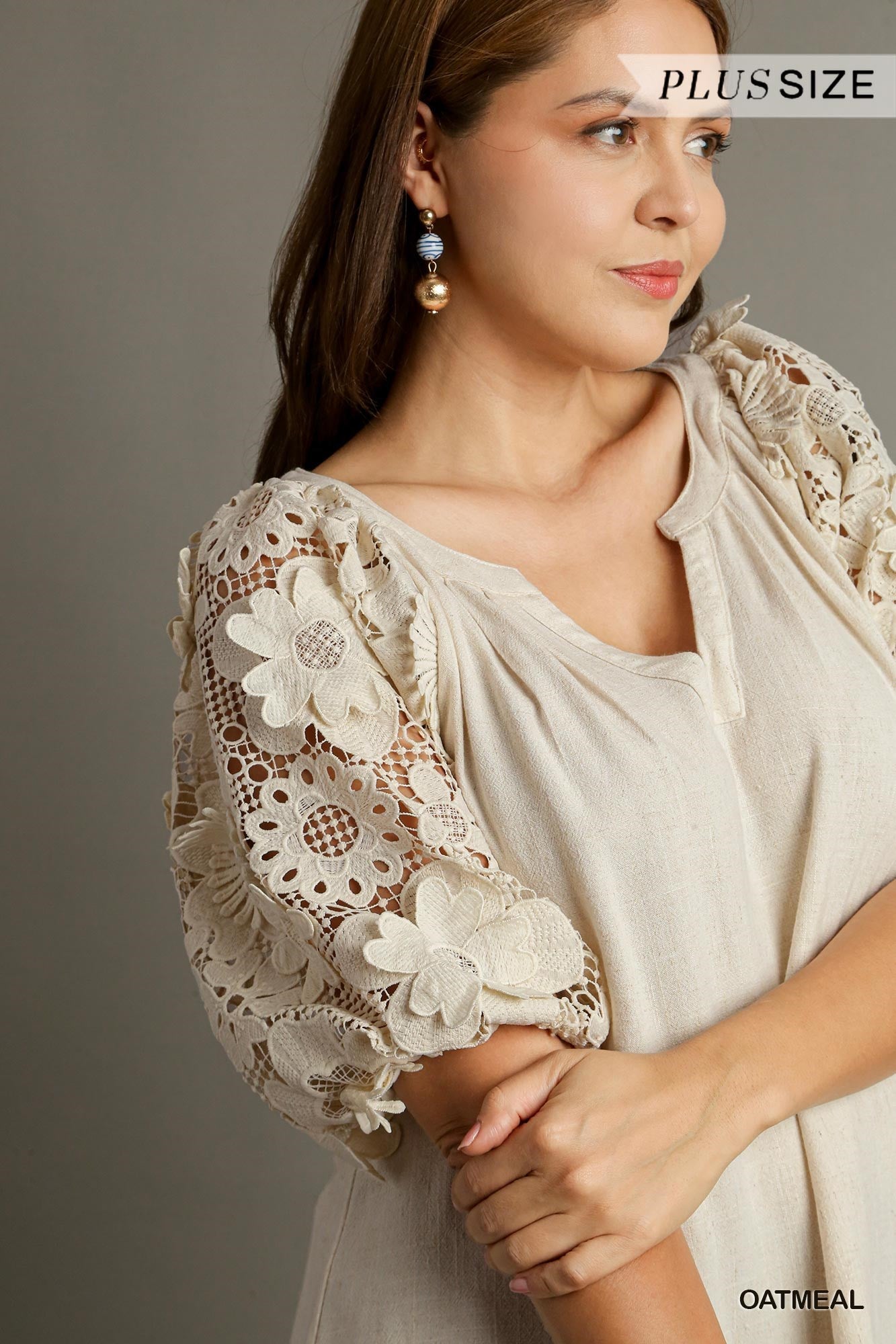 Oatmeal Linen Blend Top w/ Floral Lace Puff Sleeves