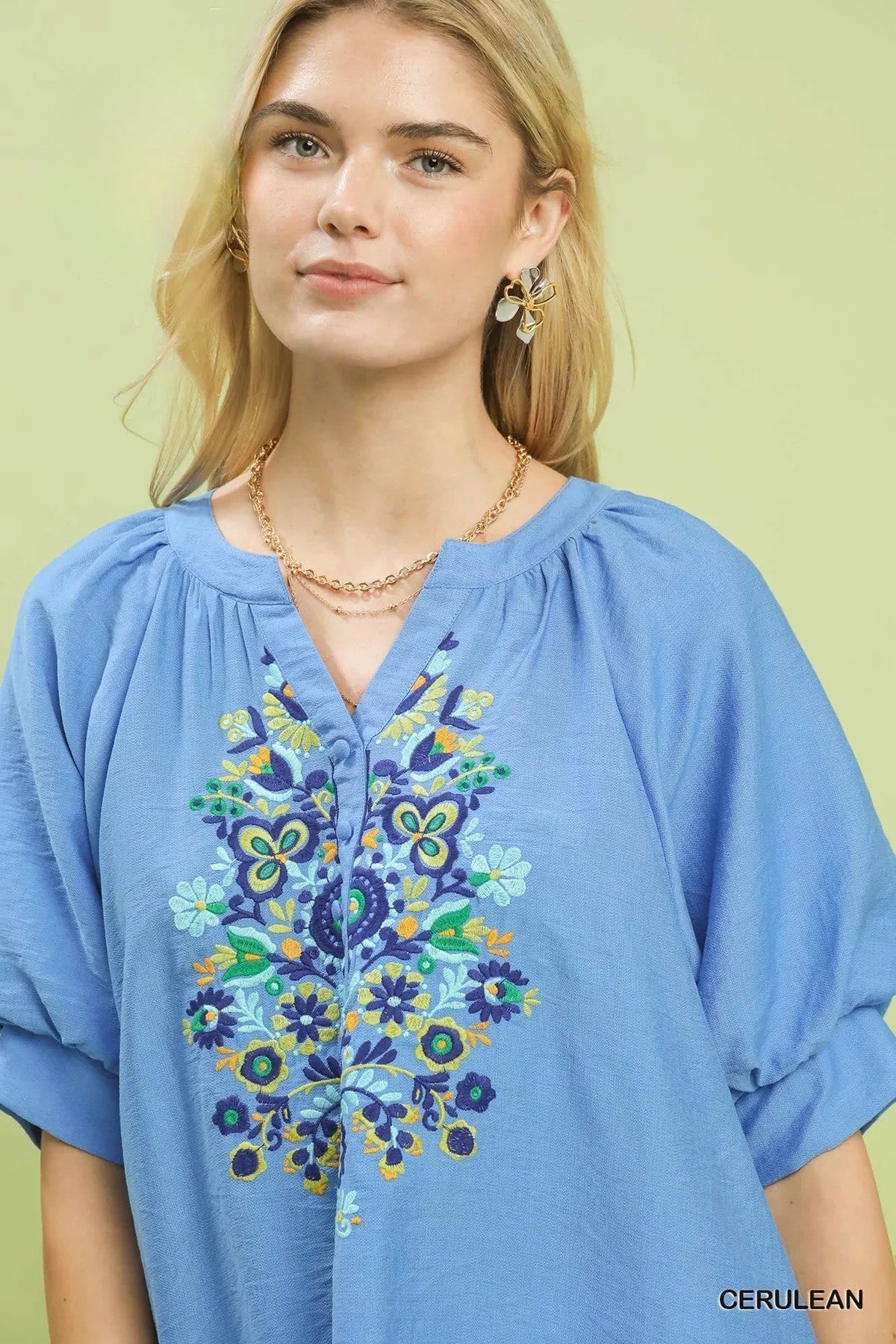 Cerulean Blue Embroidered Puff Sleeves Top
