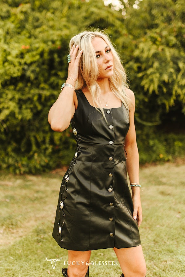 Concho Detail Leather Mini Dress