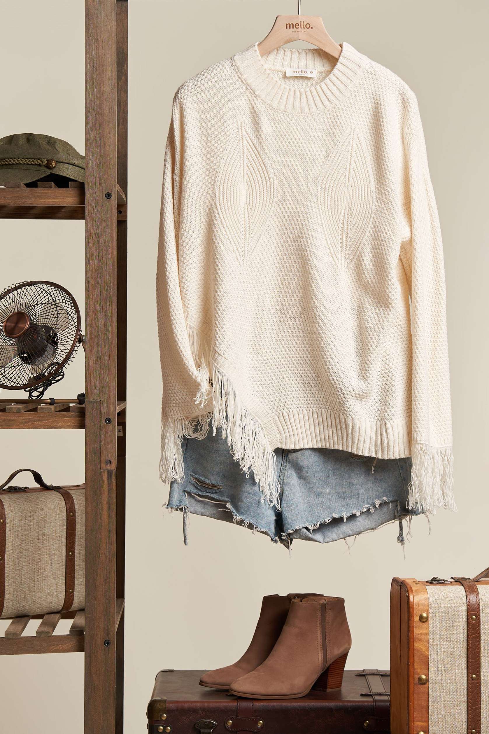 Ivory Cable Knit Fringed Sweater