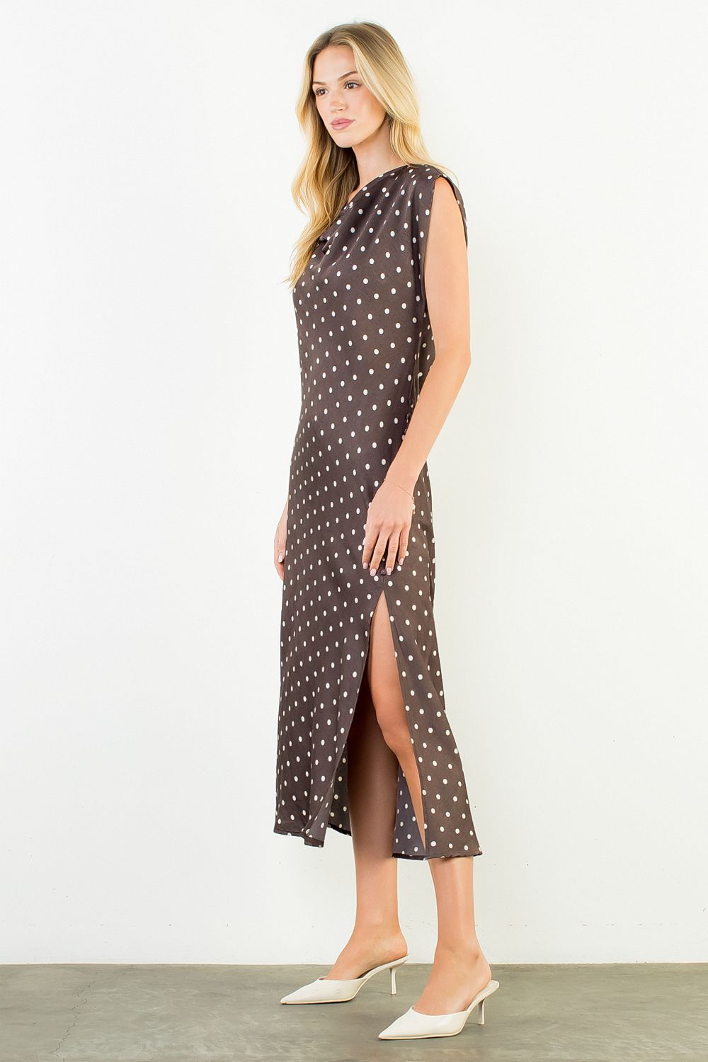 Cowl Neck Polka Dot Slit Dress