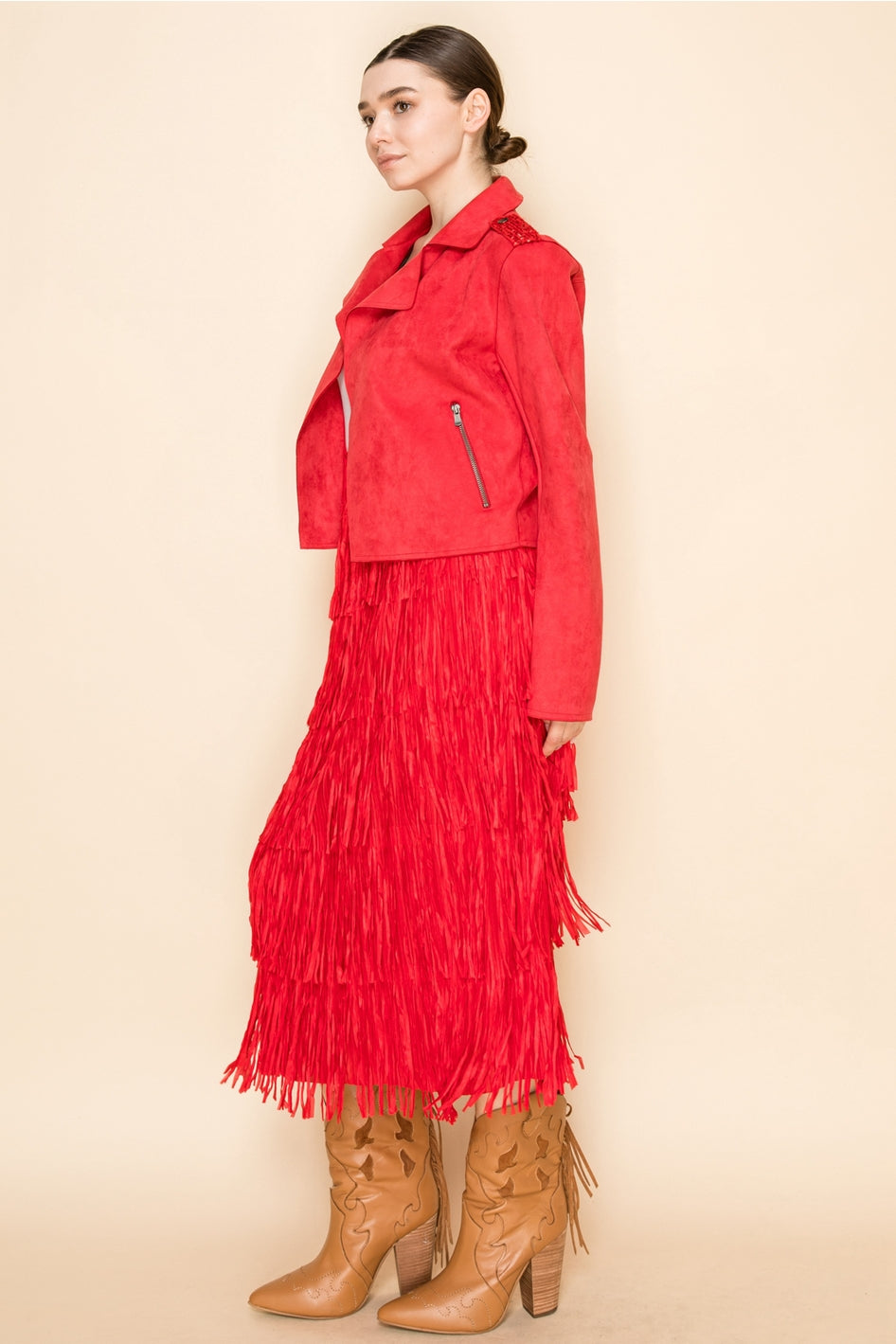 Red All Over Fringe Skirt