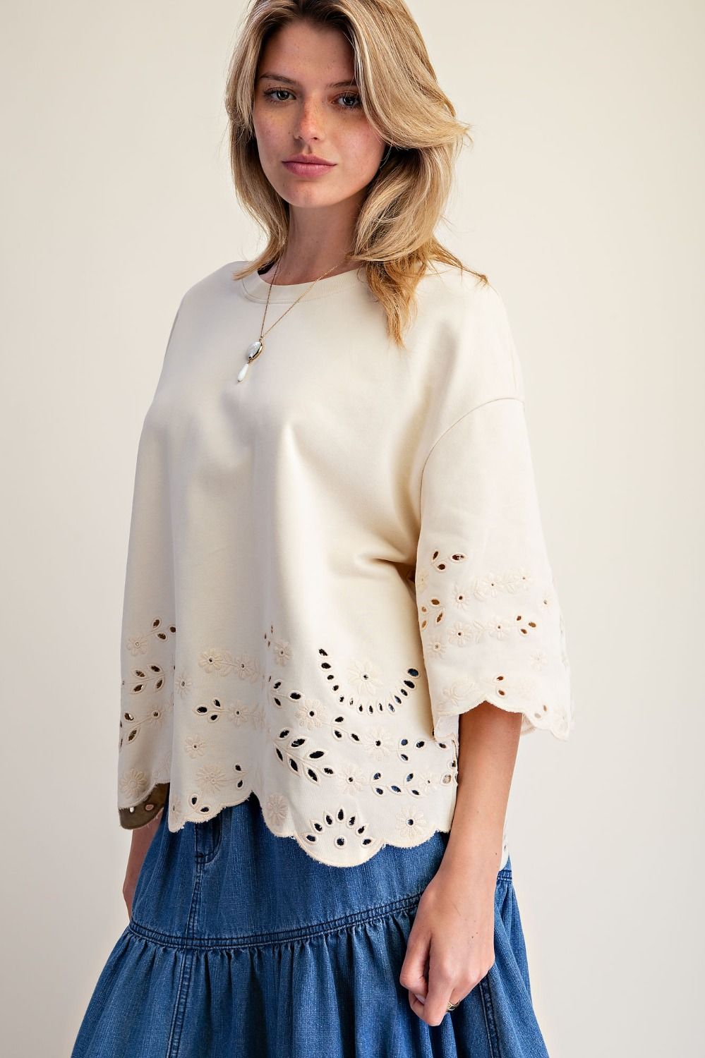 Ivory Eyelet Embroidered Scallop Top