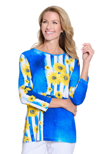 Blue, White & Yellow Sunflowers Knit Top by Multiples