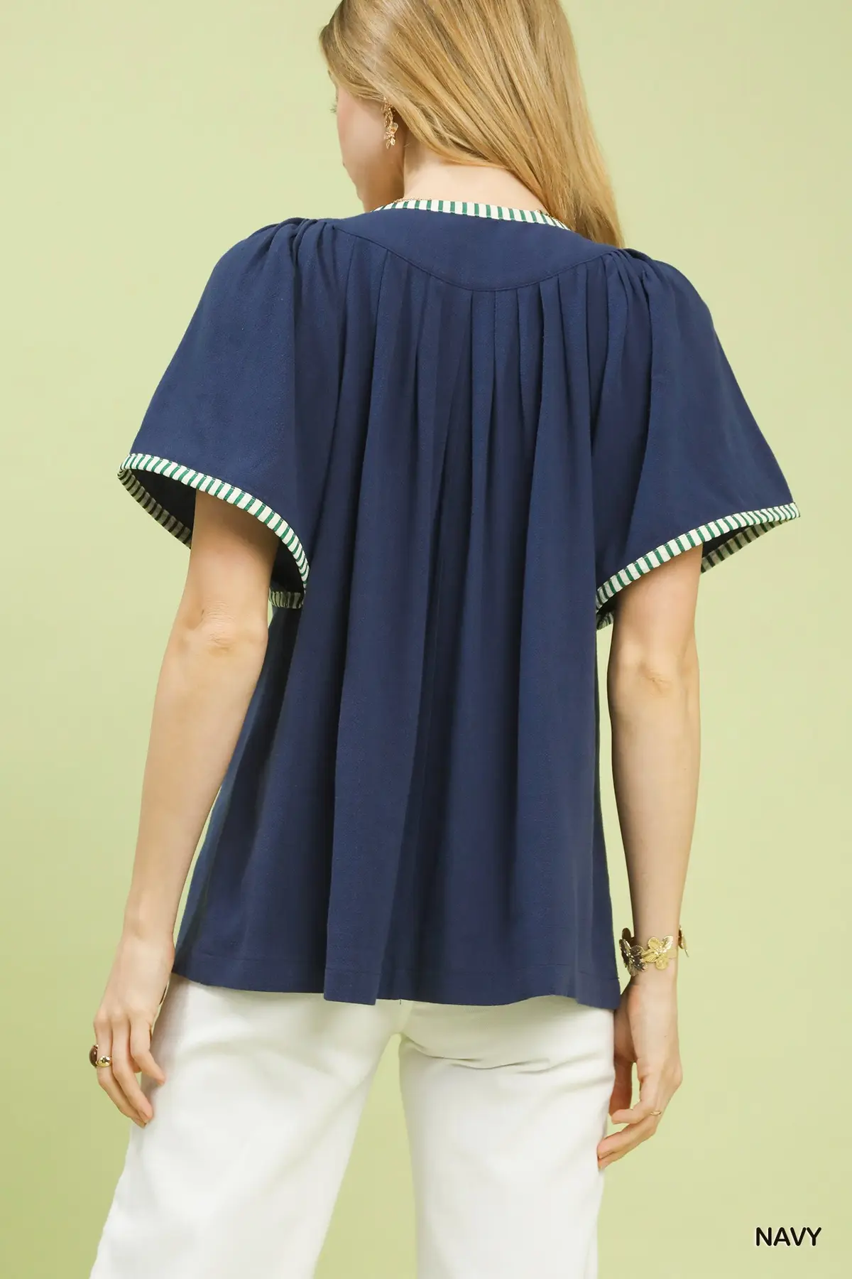 Navy Linen/Cotton Blend Flutter Sleeve Top
