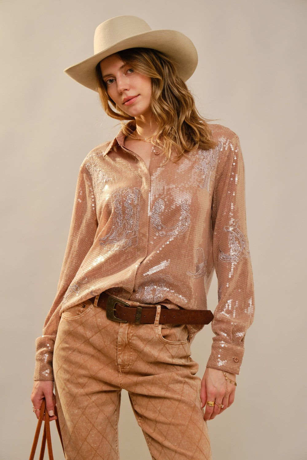 Western Embroidery Sequin Button Down Shirt
