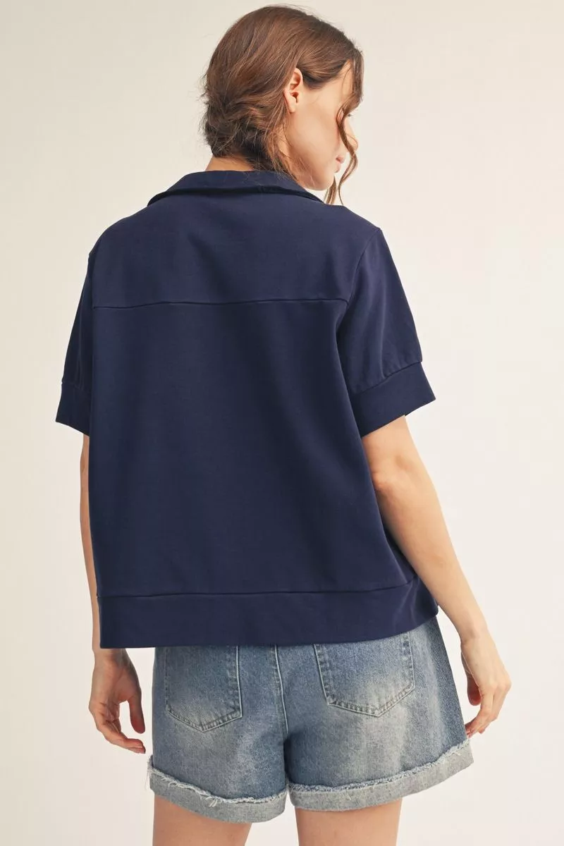 Navy Blue Americana Flag Patch Collared Top