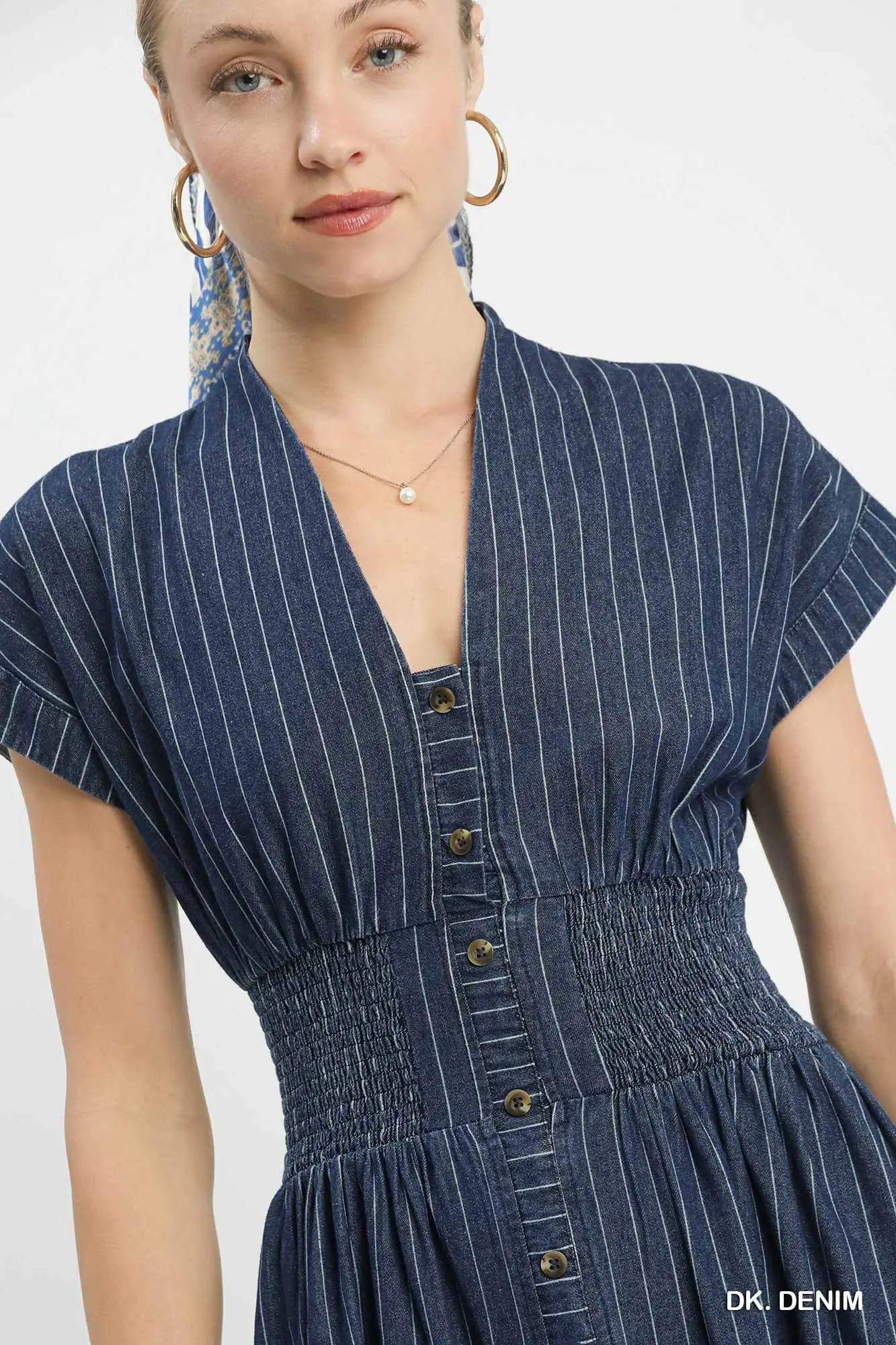Dark Denim Pinstripe Button-Front Midi Dress