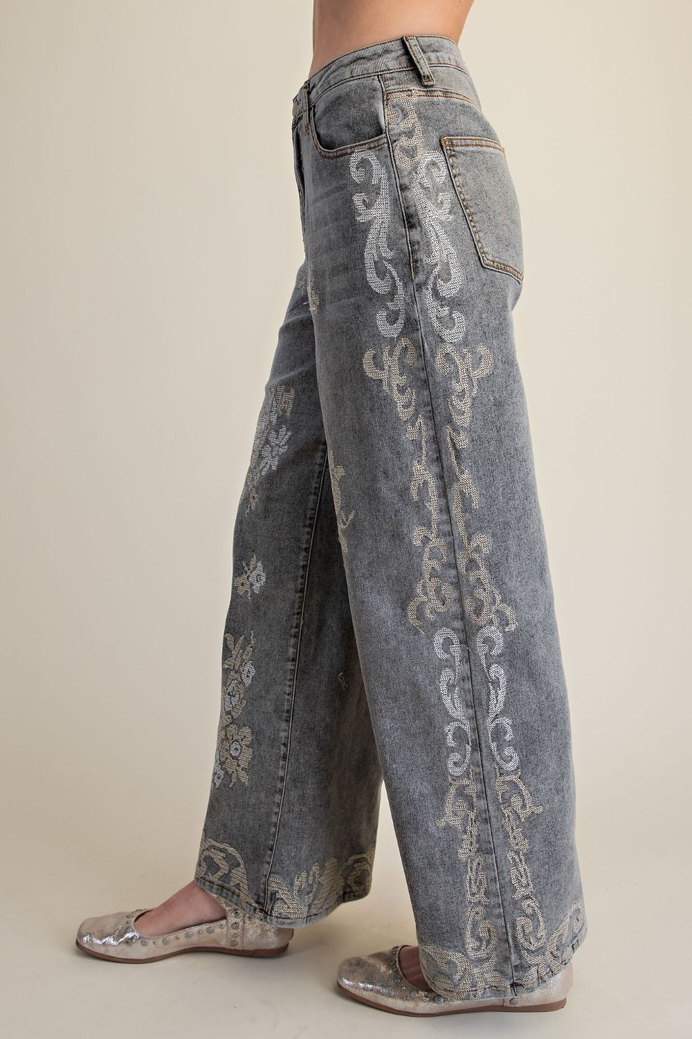 Ash Grey Neutral Floral Embroidered Wide Leg Jeans