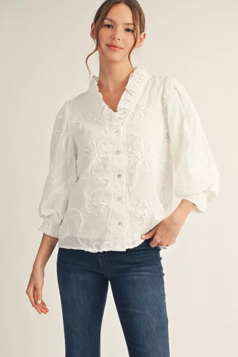 White 3D Floral Ruffle Button Down Top