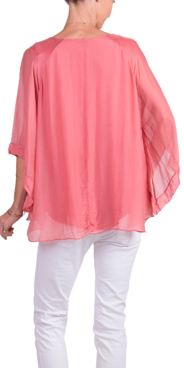 Rosewood Round Neck Silk Top w/ Bell Sleeves