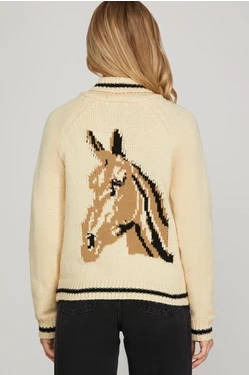 Cream Cardigan Sweater w/ Horse Design