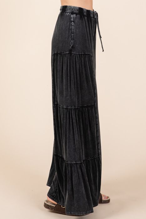 Black Mineral Wash Tiered Boho Wide Leg Pants