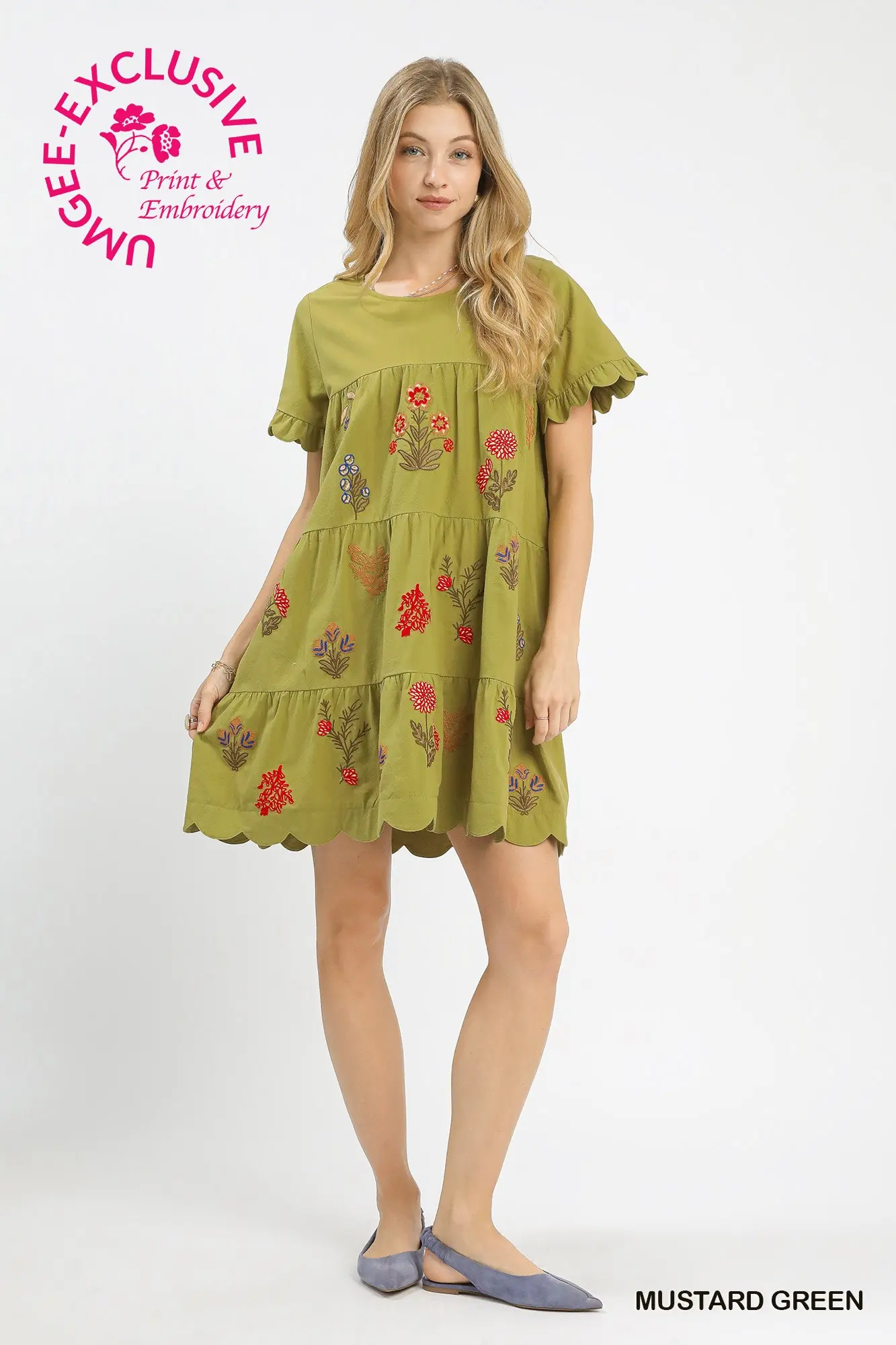 Mustard Green Embroidered Floral Tiered Mini Dress
