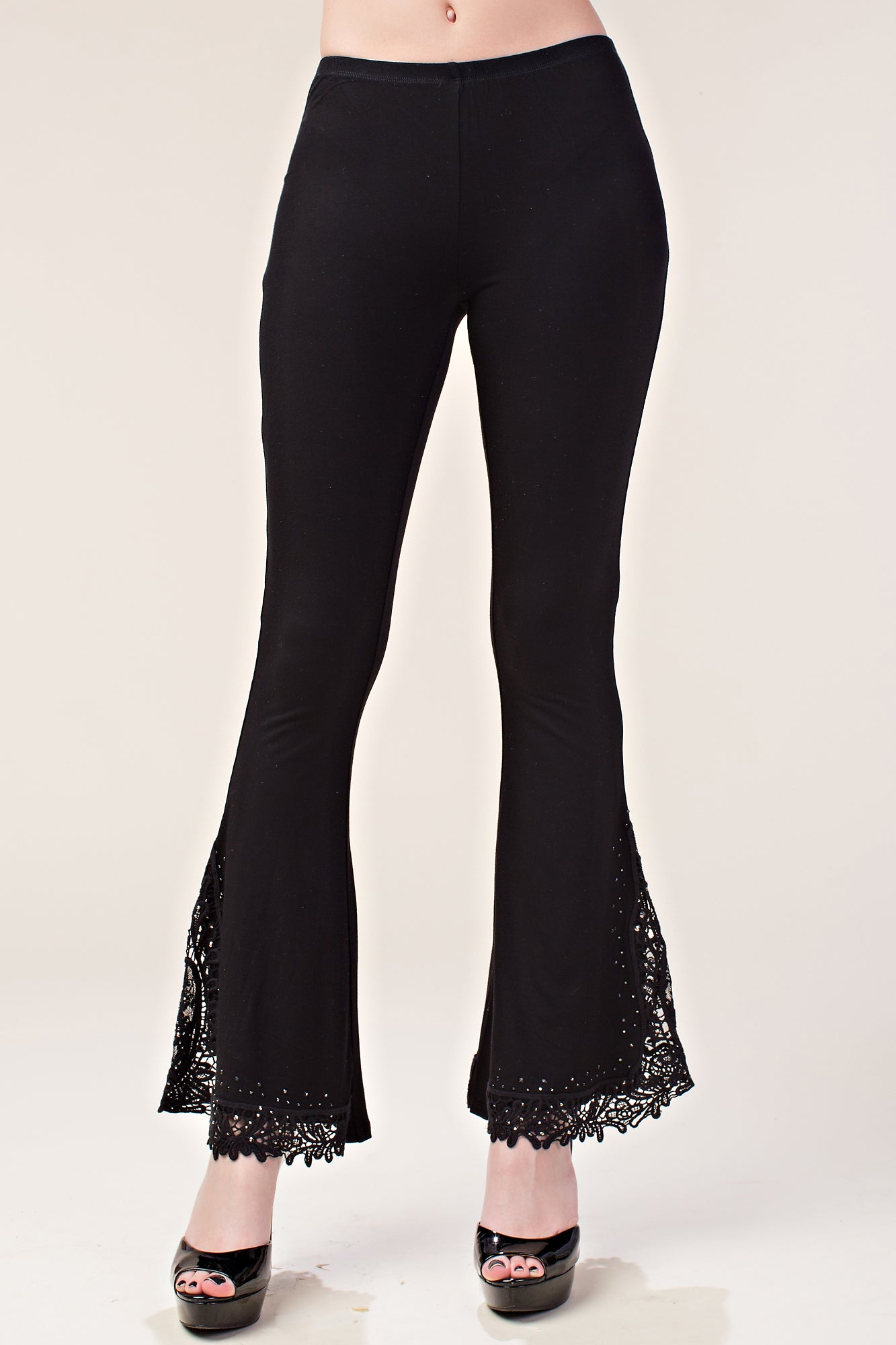 Black Bell Bottom Knit Pants w/ Lace & Crochet