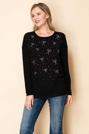 Black Knit Top w/ Rhinestone Bow Details