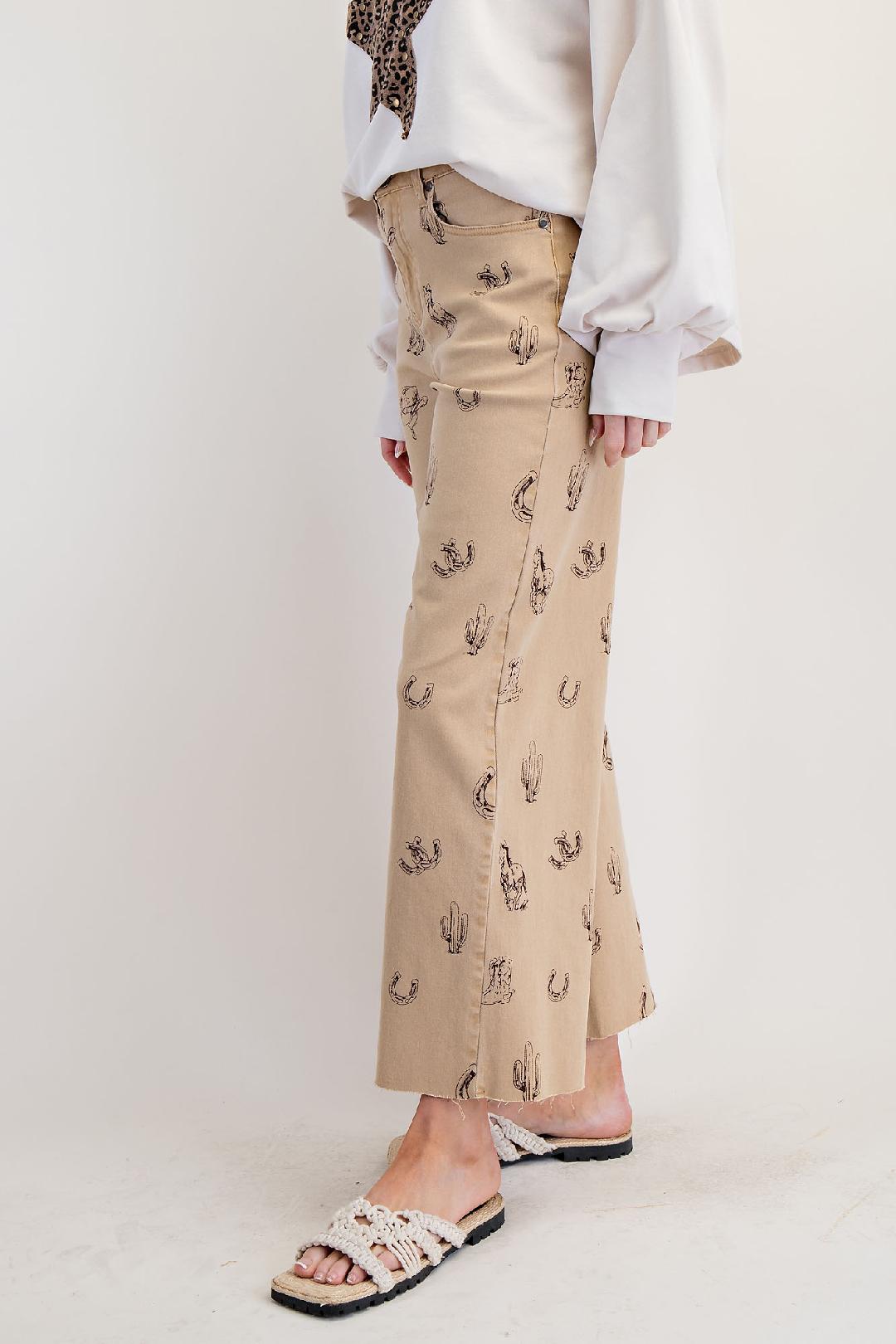 Khaki Western Printed Washed Twill Pants
