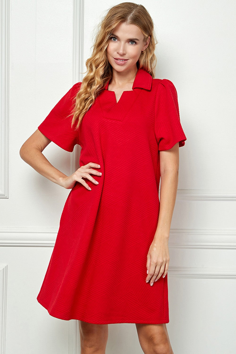 Red Textured Collared Dress