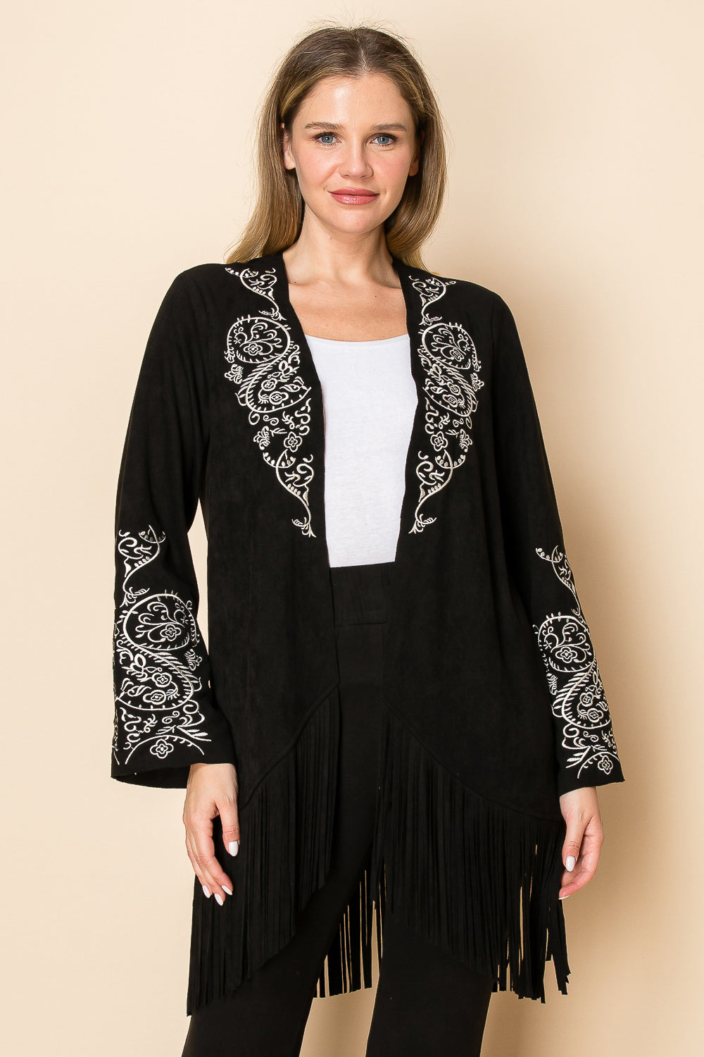 Black Ultra Suede Blazer Jacket w/ Fringe & Embroidery