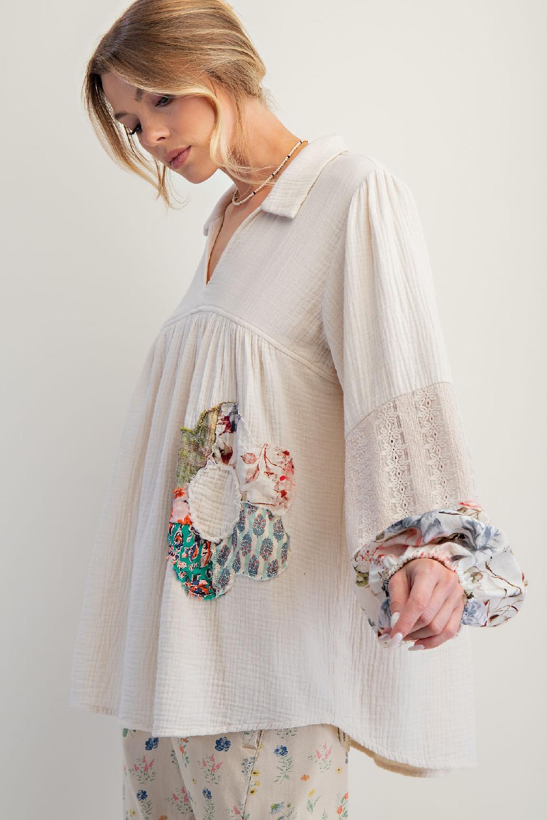 Ecru Patchwork Cotton Gauze Tunic