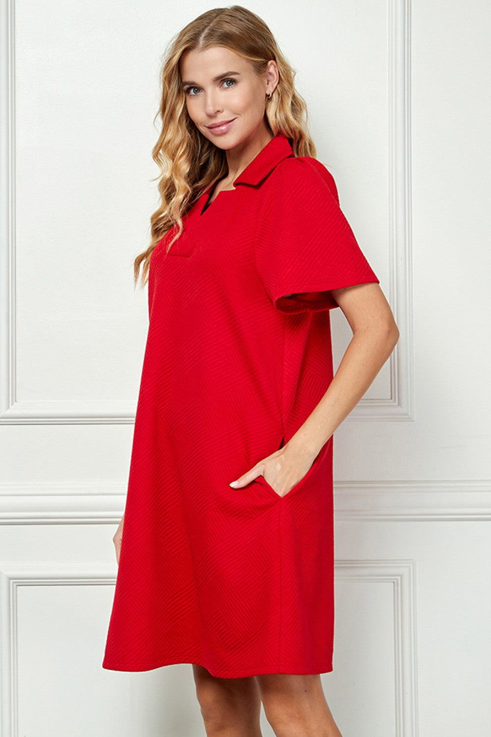 Red Textured Collared Dress