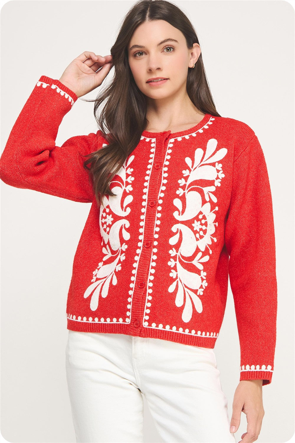 Red w/ White Embroidery Cardigan Sweater