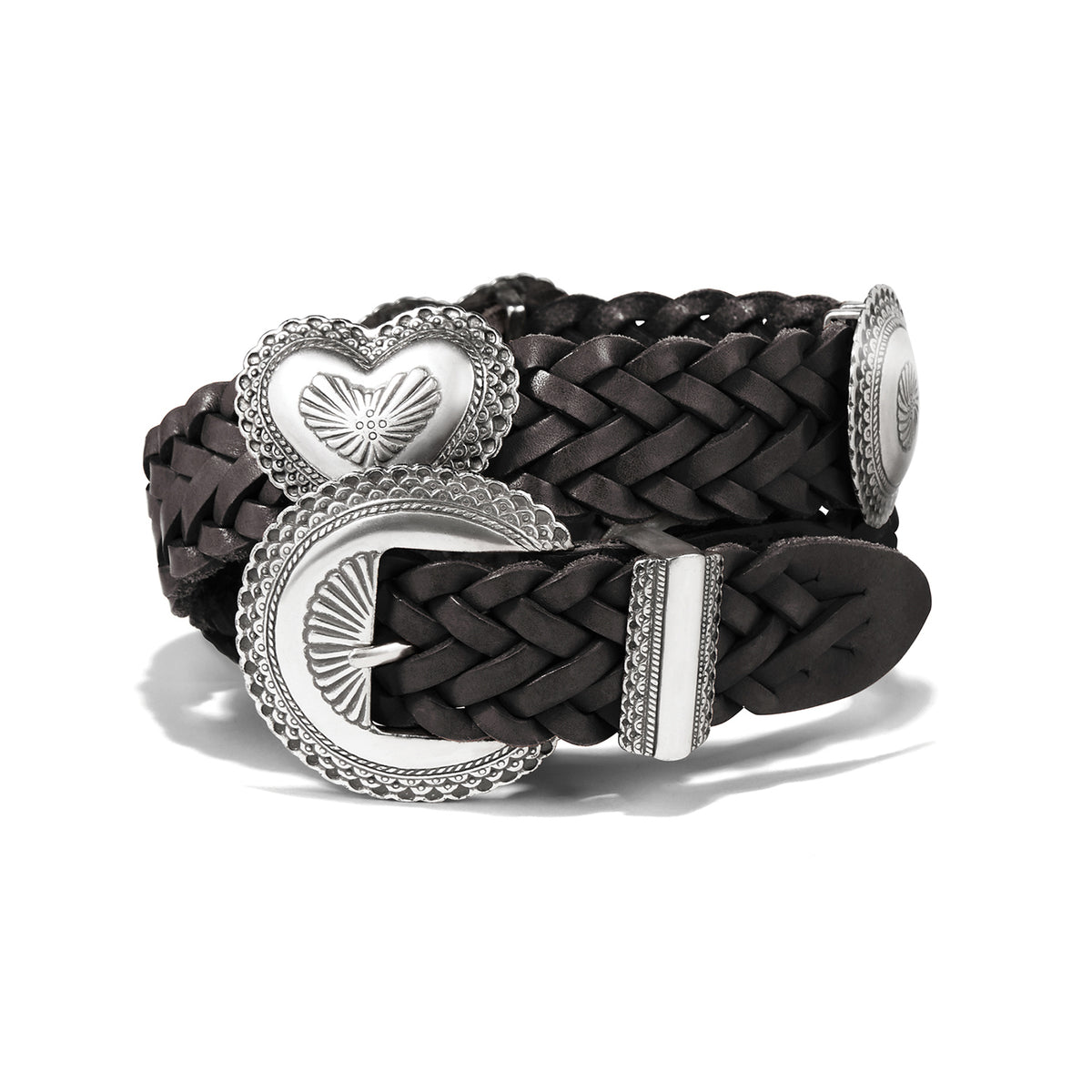 Brighton Vintage Black Braided Leather Belt Silver Buckle Conchos Womens size L Brighton Leather Belt Concho Black Western Silver Heart  main image 3