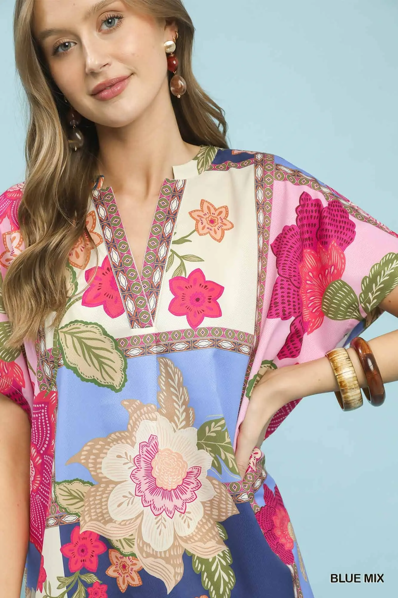 Multicolor Floral Patchwork Short Sleeve Top