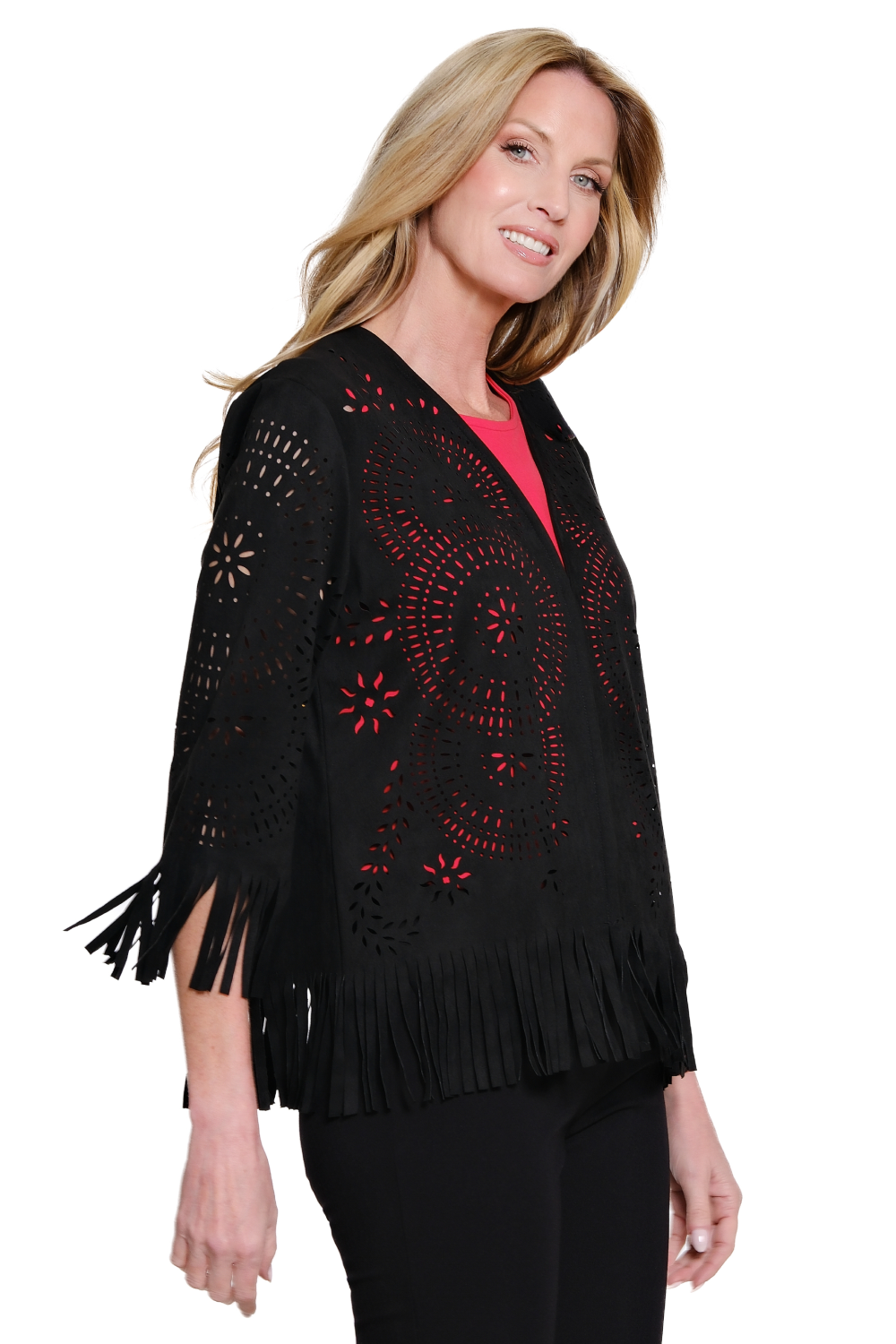 Black Ultra Suede Open Jacket w/ Fringe Hem by Multiples