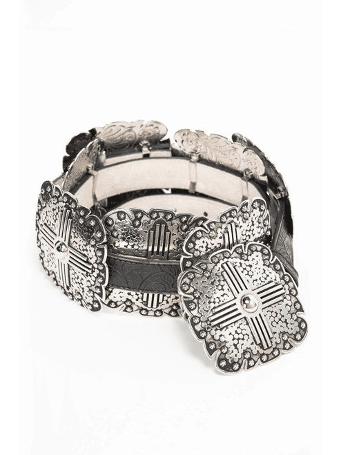Ladies Black Leather Belt w/ Silver Square Conchos
