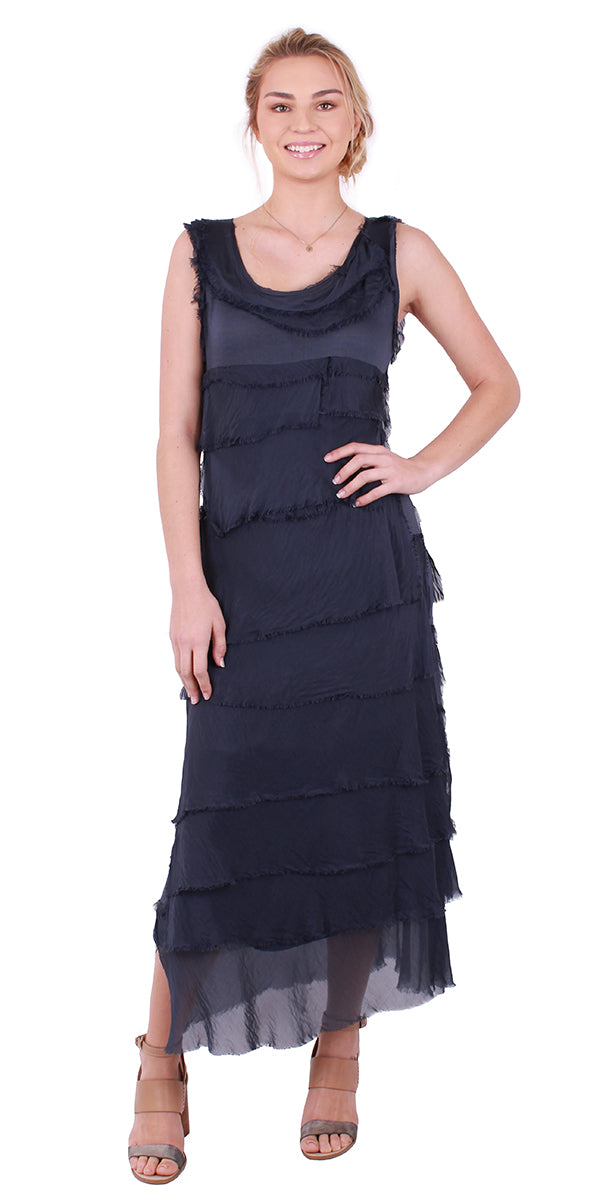 Washable Silk Sleeveless Ankle Length Ruffle Dress