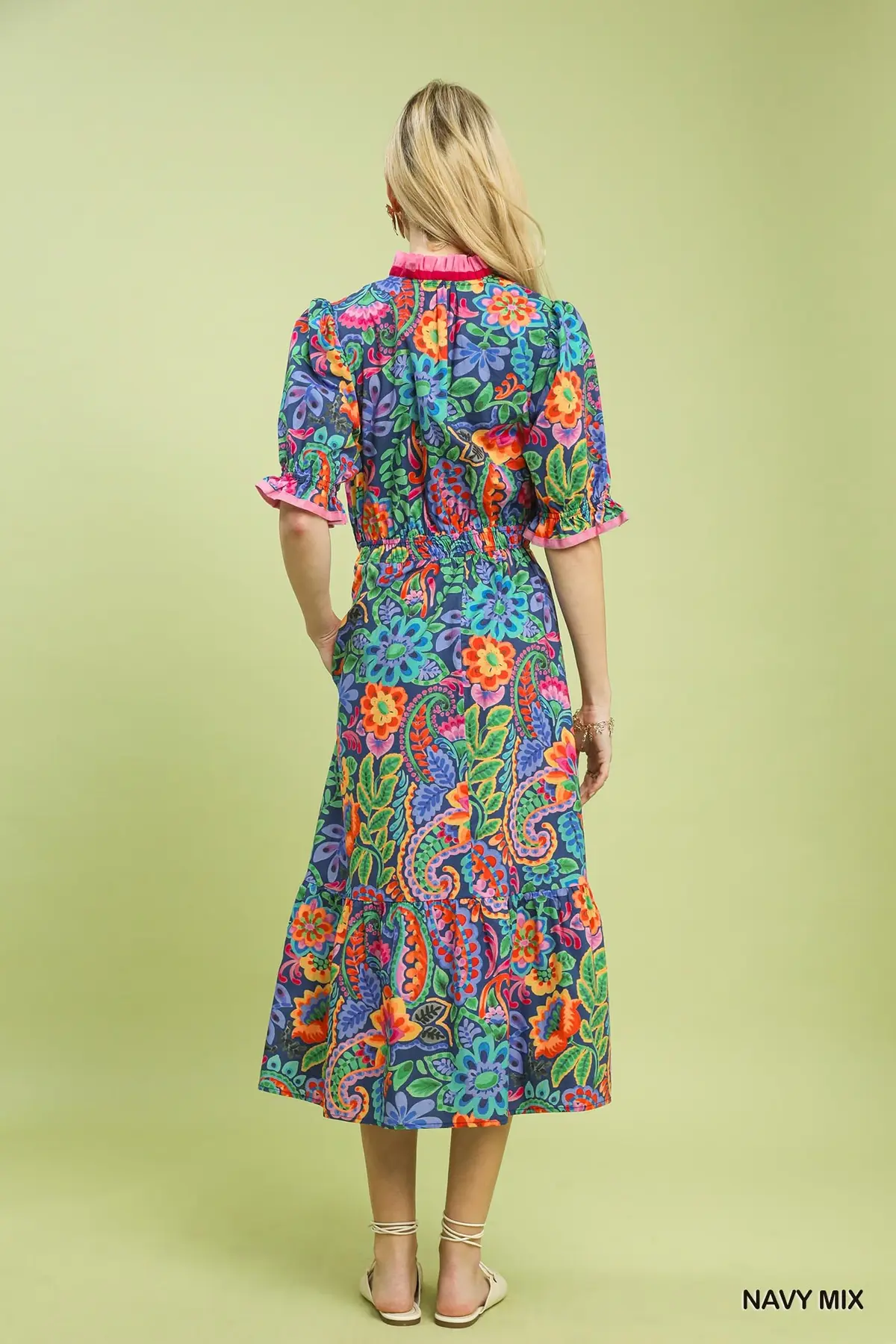 Navy Mix Floral Midi Dress with Ruffle Trim